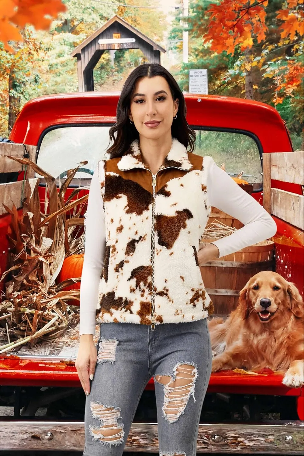 Women's Fuzzy Cow Print Vest Cozy Lightweight Sherpa Fleece Vest for Women Sleeveless Outerwear with Pockets