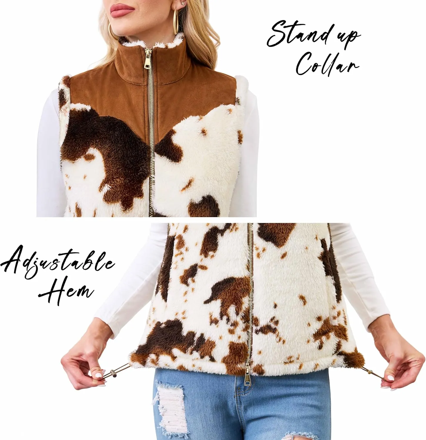 Women's Fuzzy Cow Print Vest Cozy Lightweight Sherpa Fleece Vest for Women Sleeveless Outerwear with Pockets