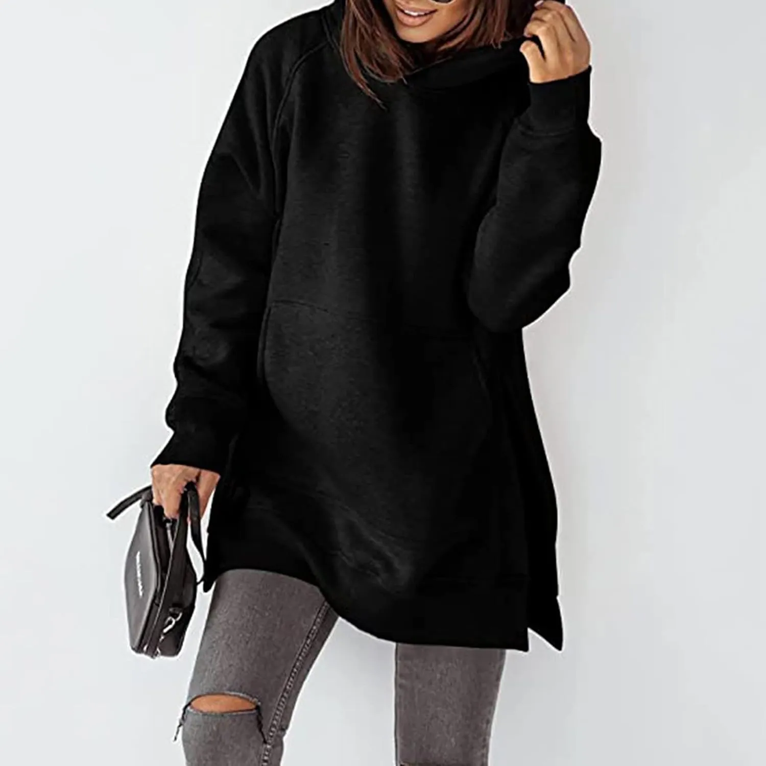 Women's Hoodies Casual Pullover Oversized Sweatshirt Long Sleeve Split Hem Hoodie with Kangaroo Pocket