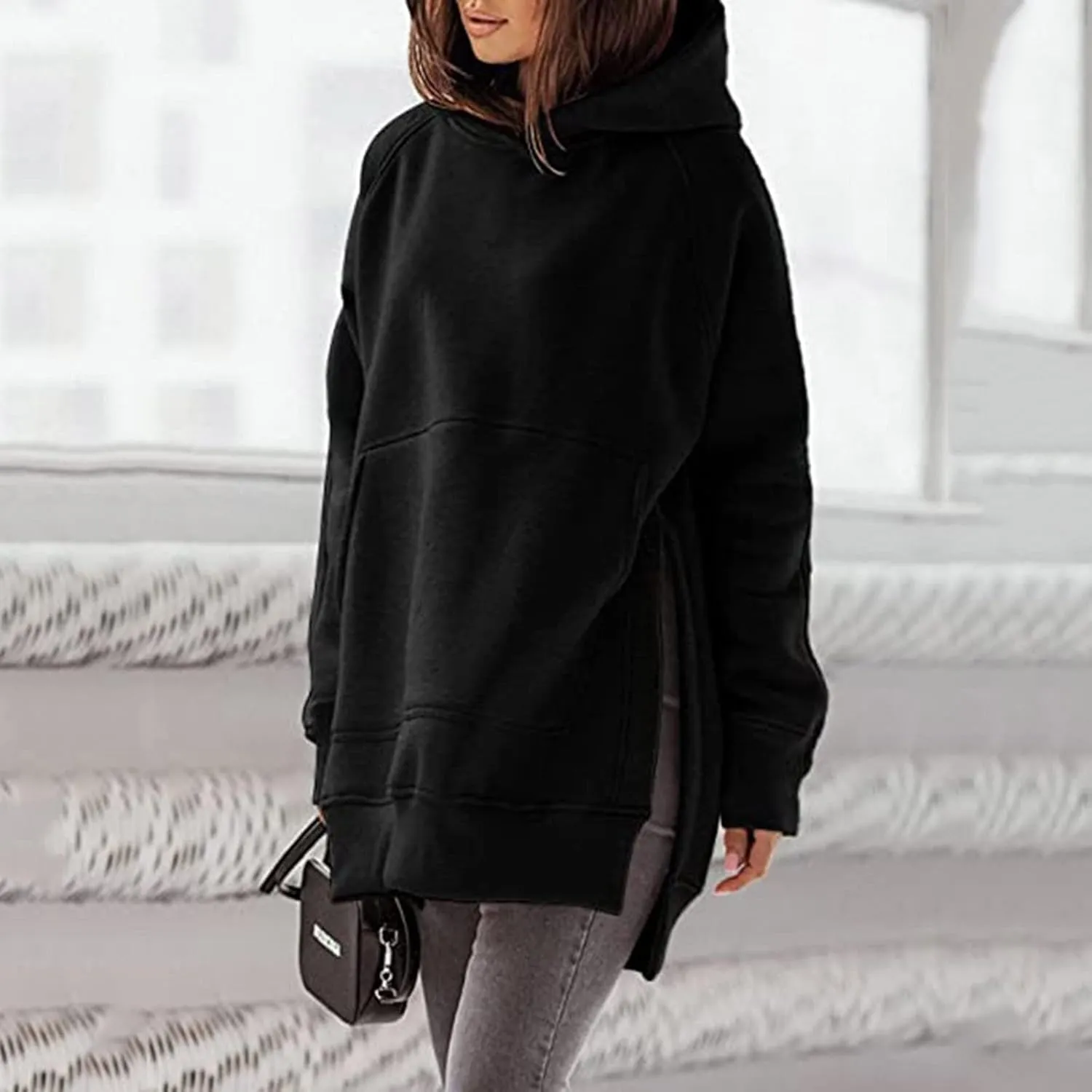 Women's Hoodies Casual Pullover Oversized Sweatshirt Long Sleeve Split Hem Hoodie with Kangaroo Pocket