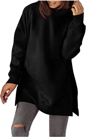 Women's Hoodies Casual Pullover Oversized Sweatshirt Long Sleeve Split Hem Hoodie with Kangaroo Pocket