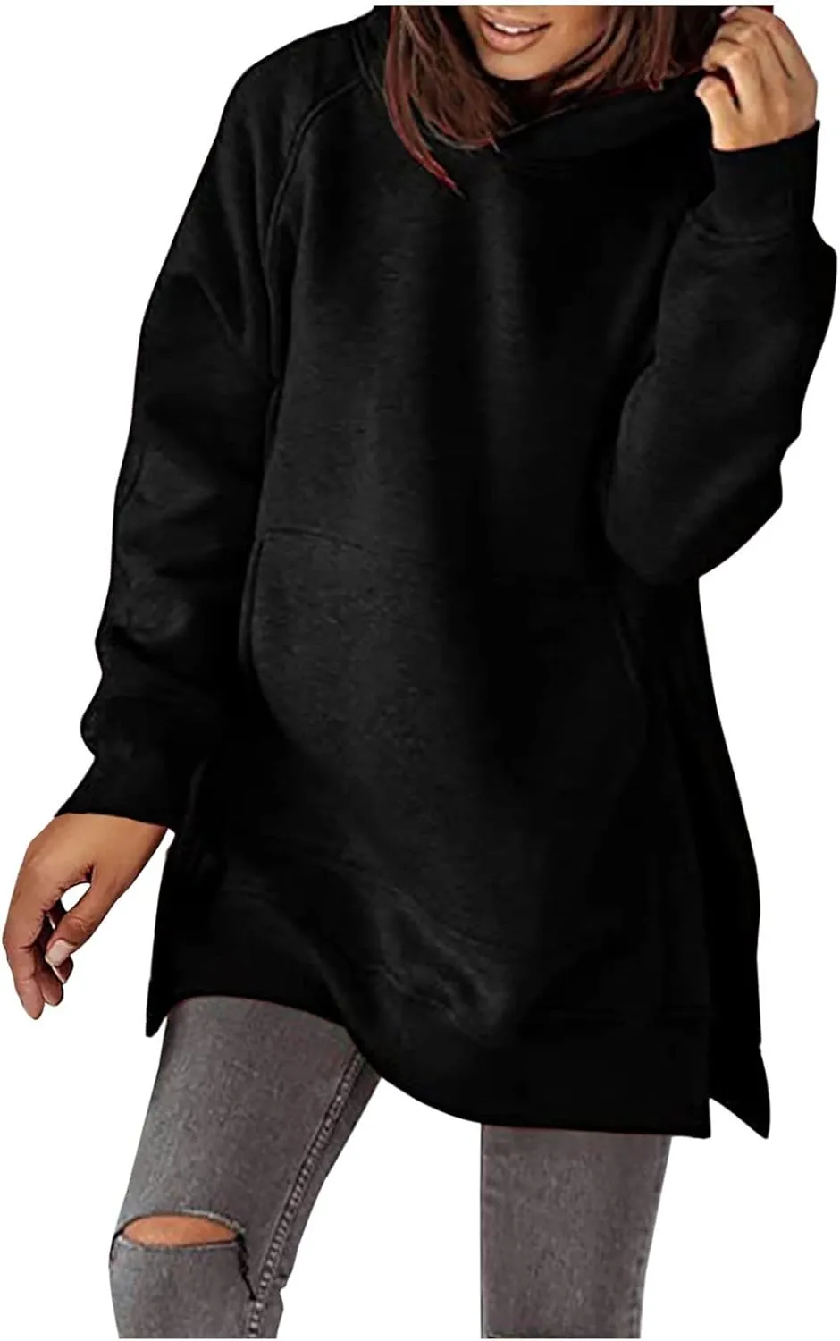 Women's Hoodies Casual Pullover Oversized Sweatshirt Long Sleeve Split Hem Hoodie with Kangaroo Pocket