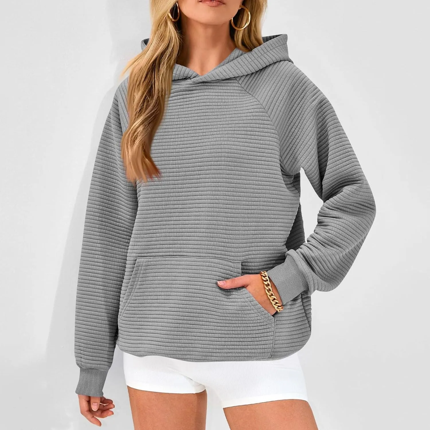 Womens Hoodies Loose Fleece Long Sleeve Hooded Sweatshirts Casual Comfy Crew Neck Pullover Top with Pockets