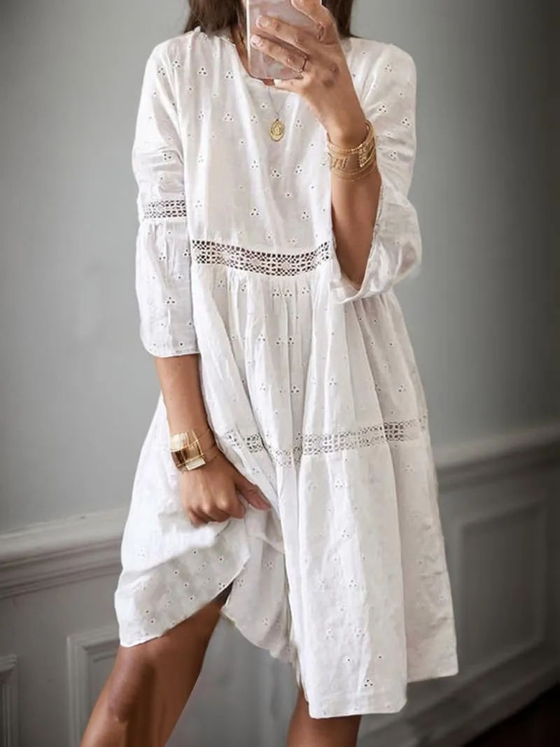Womens Lace Eyelet Dress Flowy Cotton Linen Embroidered 3/4 Sleeve Summer Bohemian Beach Vacation Midi Dresses