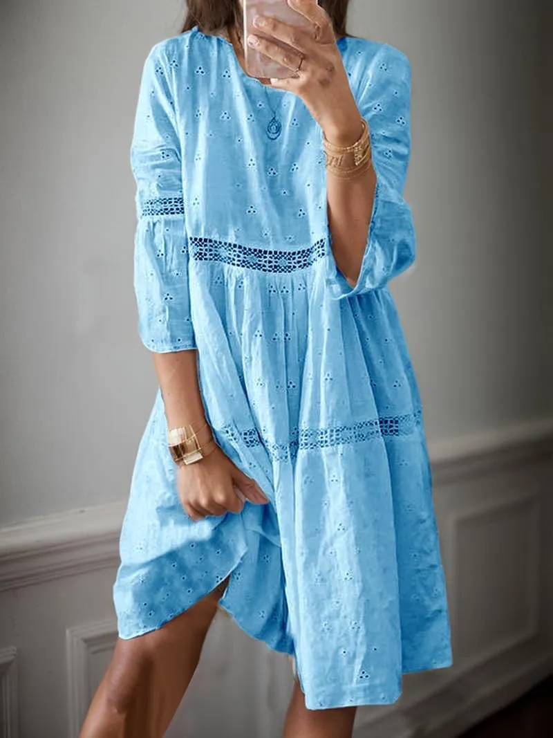 Womens Lace Eyelet Dress Flowy Cotton Linen Embroidered 3/4 Sleeve Summer Bohemian Beach Vacation Midi Dresses