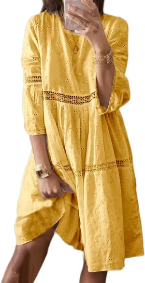 Womens Lace Eyelet Dress Flowy Cotton Linen Embroidered 3/4 Sleeve Summer Bohemian Beach Vacation Midi Dresses