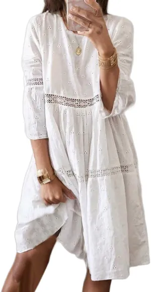Womens Lace Eyelet Dress Flowy Cotton Linen Embroidered 3/4 Sleeve Summer Bohemian Beach Vacation Midi Dresses
