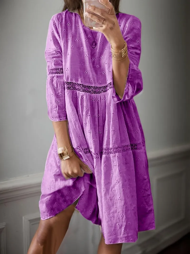 Womens Lace Eyelet Dress Flowy Cotton Linen Embroidered 3/4 Sleeve Summer Bohemian Beach Vacation Midi Dresses
