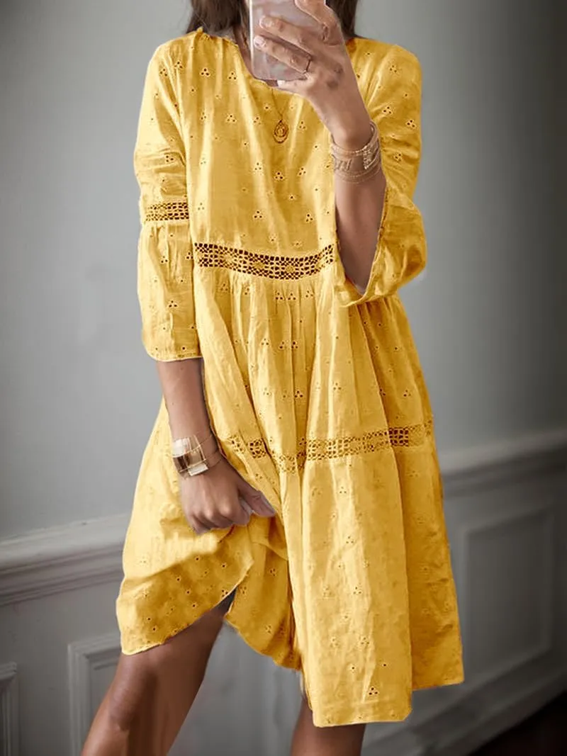 Womens Lace Eyelet Dress Flowy Cotton Linen Embroidered 3/4 Sleeve Summer Bohemian Beach Vacation Midi Dresses