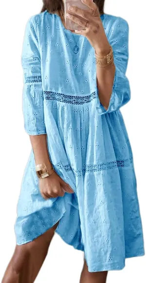 Womens Lace Eyelet Dress Flowy Cotton Linen Embroidered 3/4 Sleeve Summer Bohemian Beach Vacation Midi Dresses