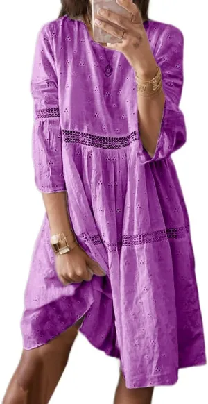Womens Lace Eyelet Dress Flowy Cotton Linen Embroidered 3/4 Sleeve Summer Bohemian Beach Vacation Midi Dresses