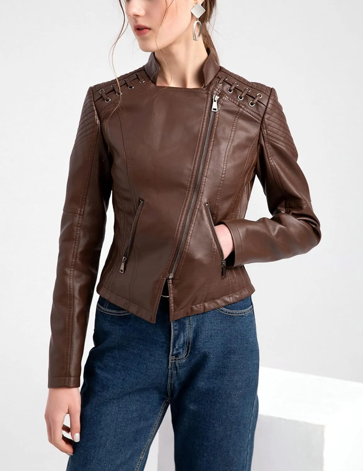 Womens Ladies Faux Leather Zipper Punk PU Slim Motorcycle Biker Short Jacket Coat