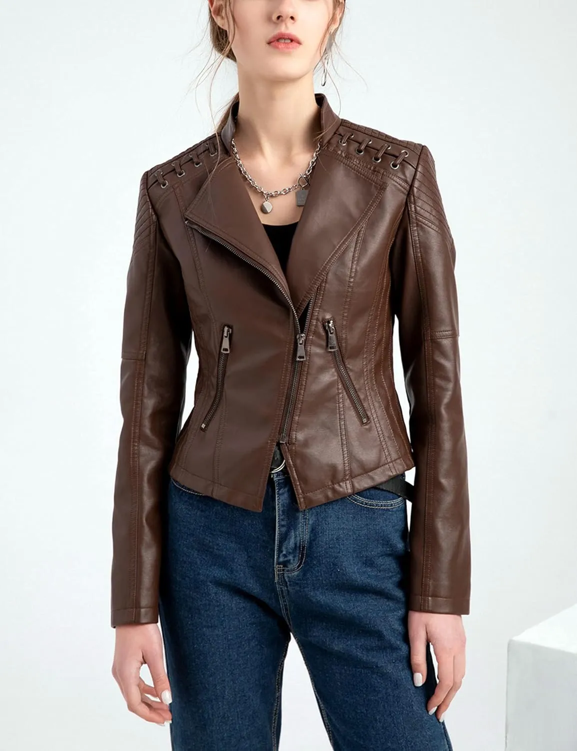 Womens Ladies Faux Leather Zipper Punk PU Slim Motorcycle Biker Short Jacket Coat