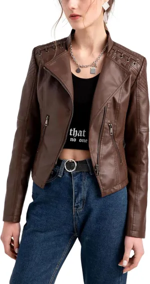 Womens Ladies Faux Leather Zipper Punk PU Slim Motorcycle Biker Short Jacket Coat