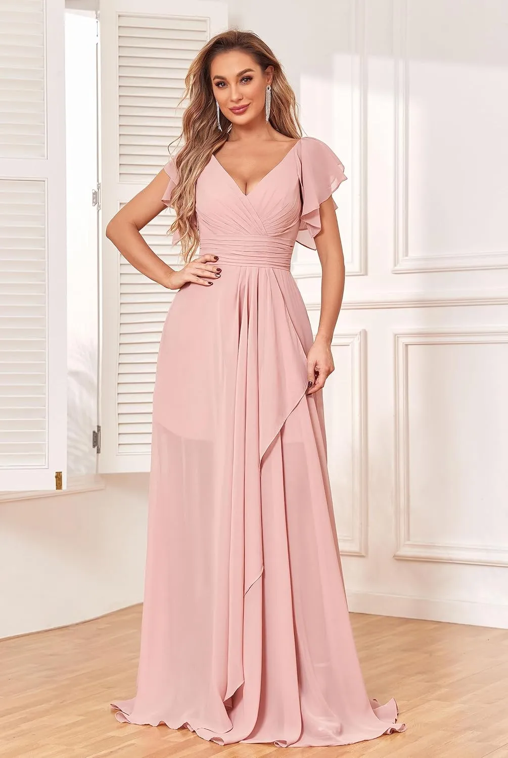 Women's Long Bridesmaid Dress V-Neck Short Sleeve Chiffon Wedding Gown with Slit Elegant Formal Evening Dress