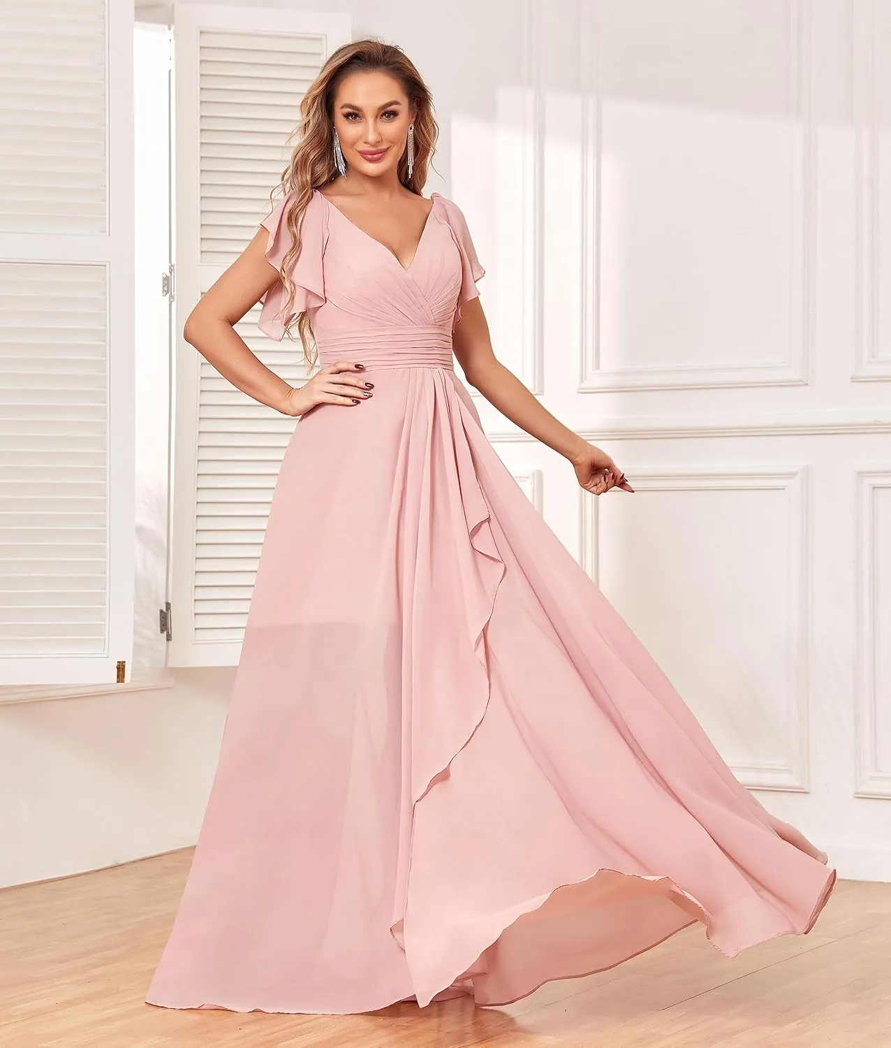 Women's Long Bridesmaid Dress V-Neck Short Sleeve Chiffon Wedding Gown with Slit Elegant Formal Evening Dress