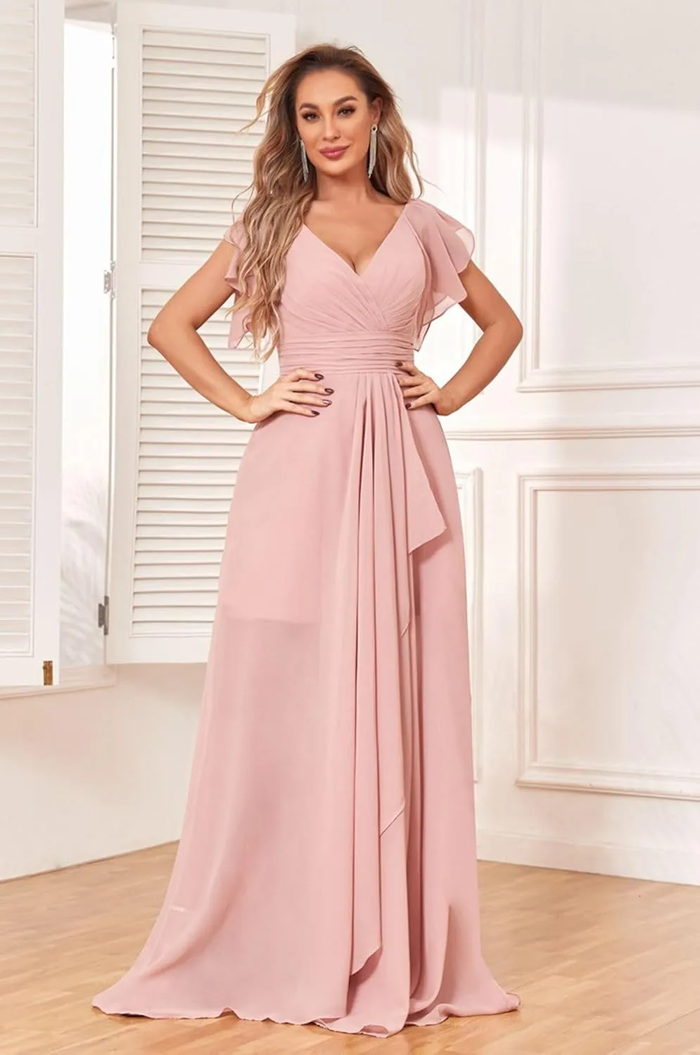 Women's Long Bridesmaid Dress V-Neck Short Sleeve Chiffon Wedding Gown with Slit Elegant Formal Evening Dress