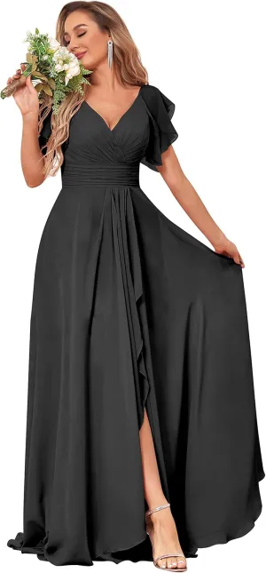Women's Long Bridesmaid Dress V-Neck Short Sleeve Chiffon Wedding Gown with Slit Elegant Formal Evening Dress