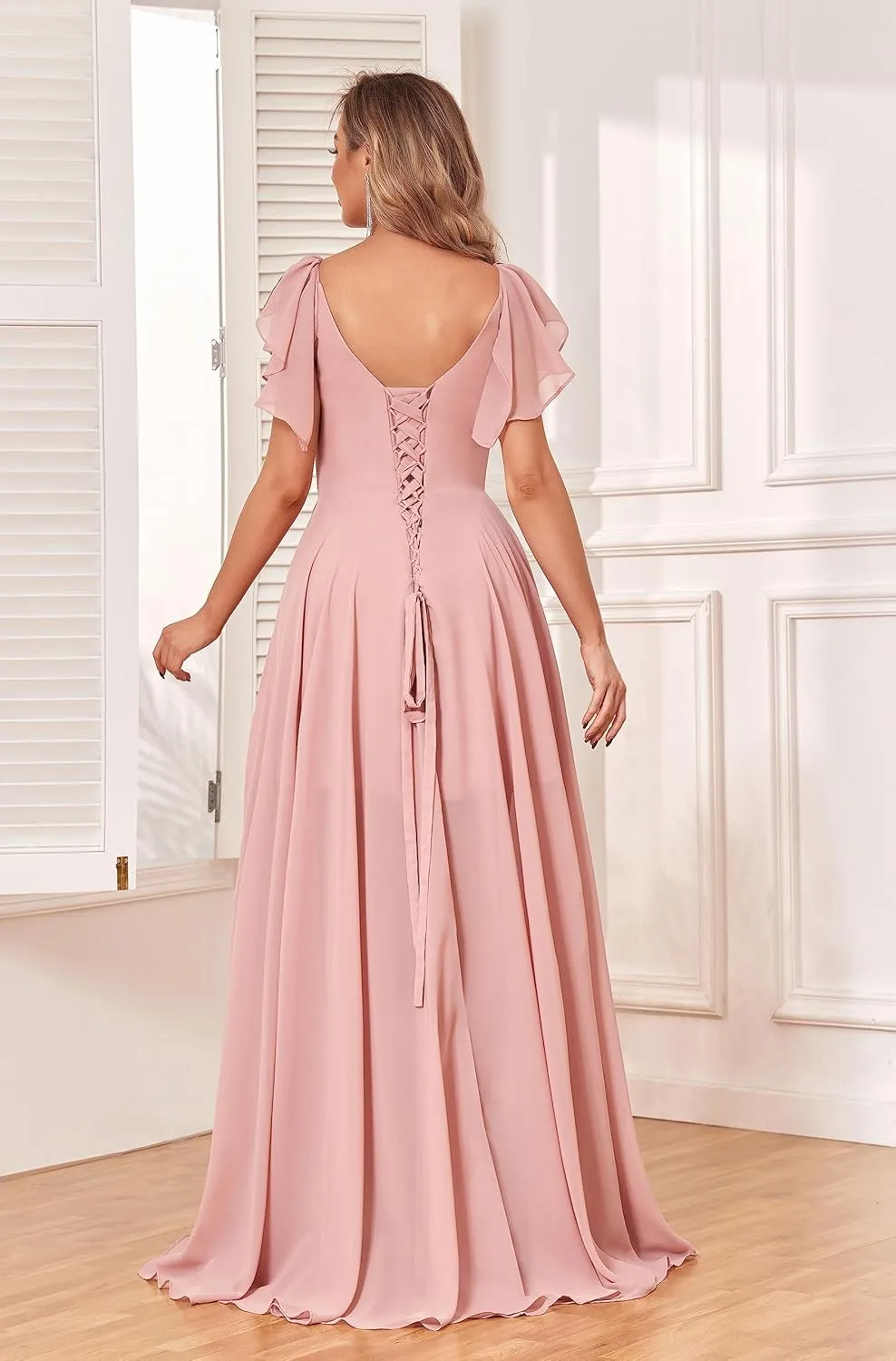 Women's Long Bridesmaid Dress V-Neck Short Sleeve Chiffon Wedding Gown with Slit Elegant Formal Evening Dress