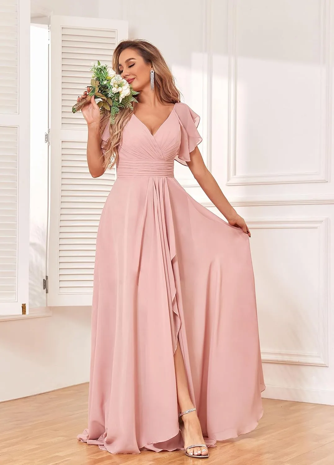 Women's Long Bridesmaid Dress V-Neck Short Sleeve Chiffon Wedding Gown with Slit Elegant Formal Evening Dress