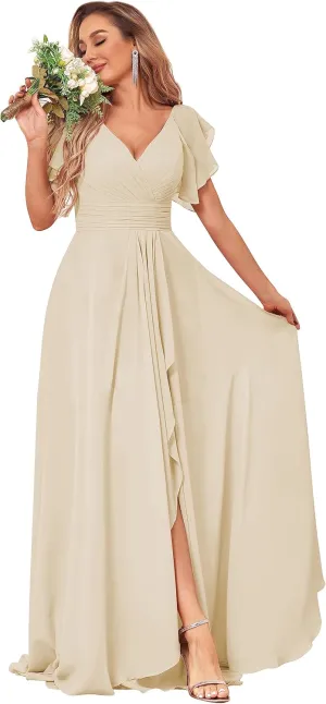 Women's Long Bridesmaid Dress V-Neck Short Sleeve Chiffon Wedding Gown with Slit Elegant Formal Evening Dress