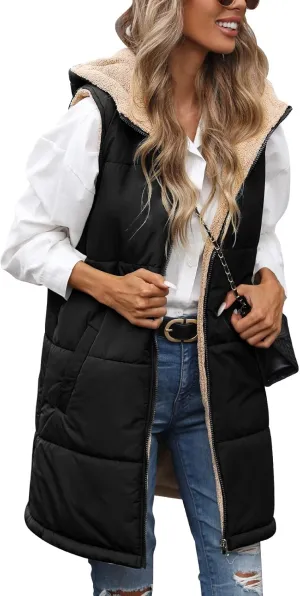 Womens Long Puffer Vest Fall Sleeveless Fleece Vest Reversible Vests Zip Up Winter Coat Fleece Jacket Long Hoodie