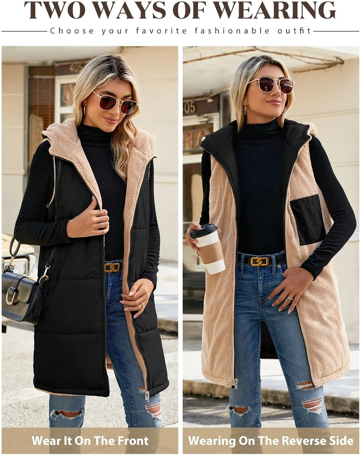 Womens Long Puffer Vest Fall Sleeveless Fleece Vest Reversible Vests Zip Up Winter Coat Fleece Jacket Long Hoodie