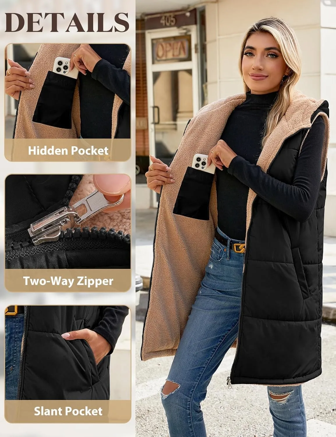 Womens Long Puffer Vest Fall Sleeveless Fleece Vest Reversible Vests Zip Up Winter Coat Fleece Jacket Long Hoodie
