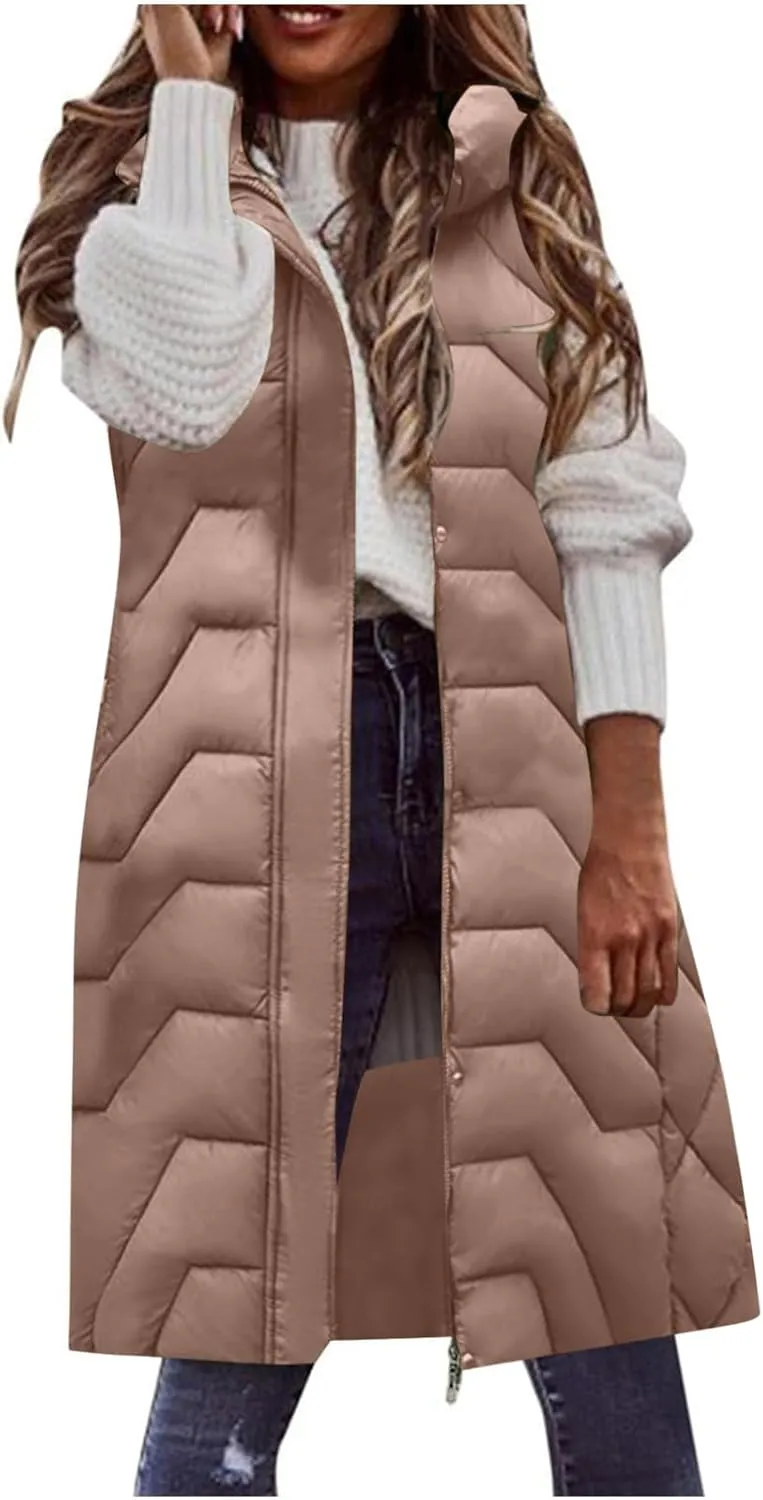 Womens Long Puffer Vest Winter Warm Sleeveless Thicken Cotton Padded Coat Zip Up Pockets Hooded Jacket Belt Down Gilet