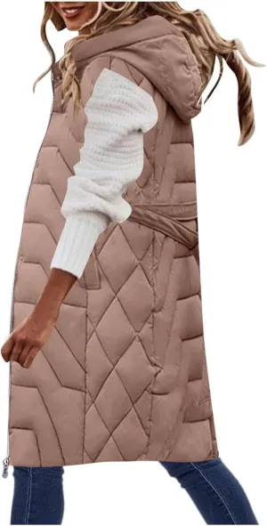 Womens Long Puffer Vest Winter Warm Sleeveless Thicken Cotton Padded Coat Zip Up Pockets Hooded Jacket Belt Down Gilet