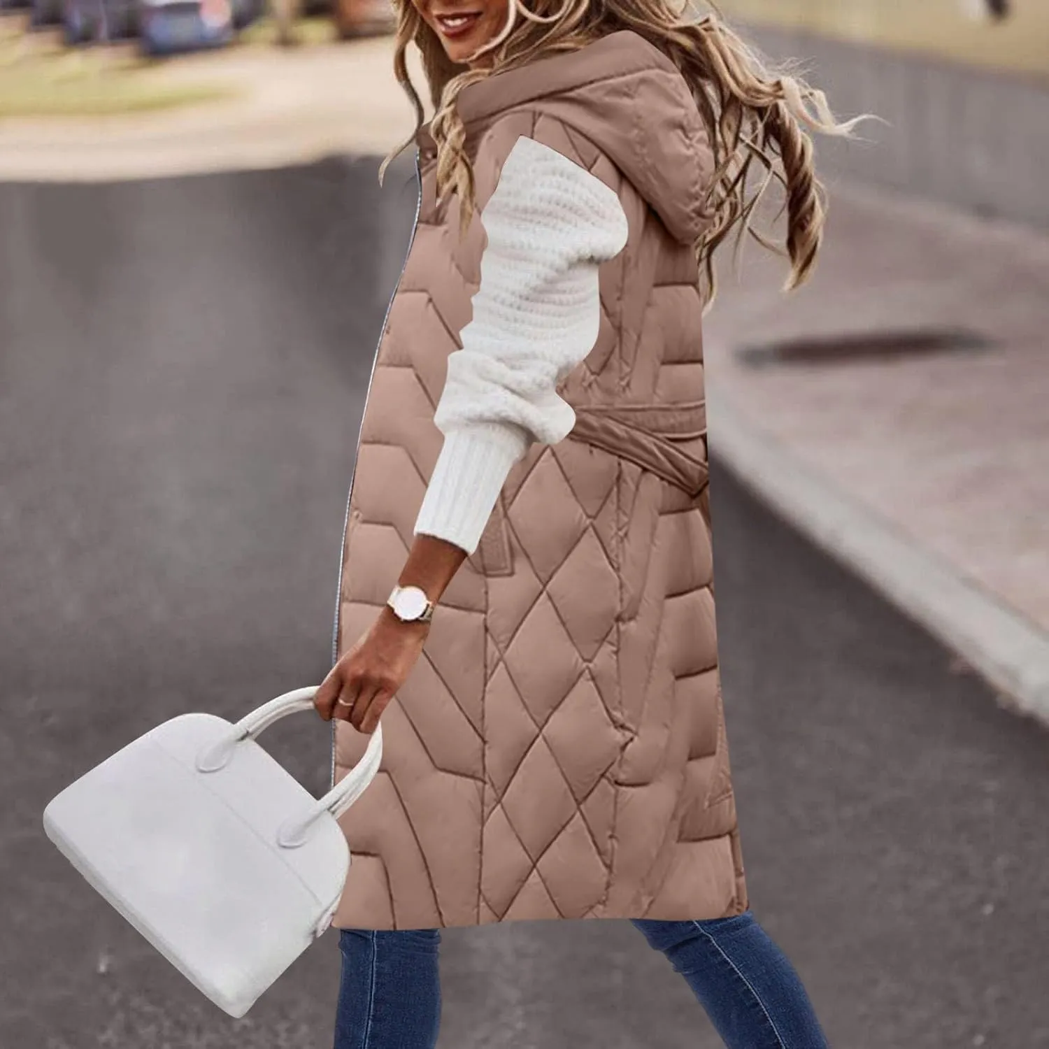 Womens Long Puffer Vest Winter Warm Sleeveless Thicken Cotton Padded Coat Zip Up Pockets Hooded Jacket Belt Down Gilet