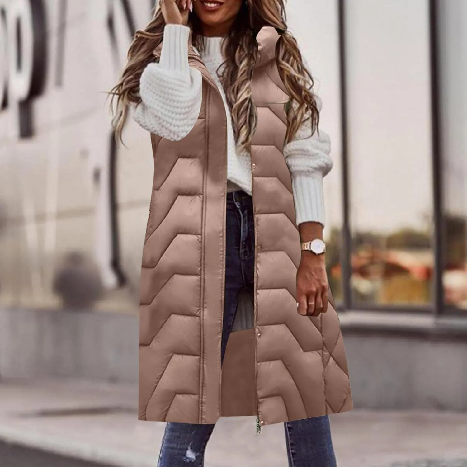 Womens Long Puffer Vest Winter Warm Sleeveless Thicken Cotton Padded Coat Zip Up Pockets Hooded Jacket Belt Down Gilet
