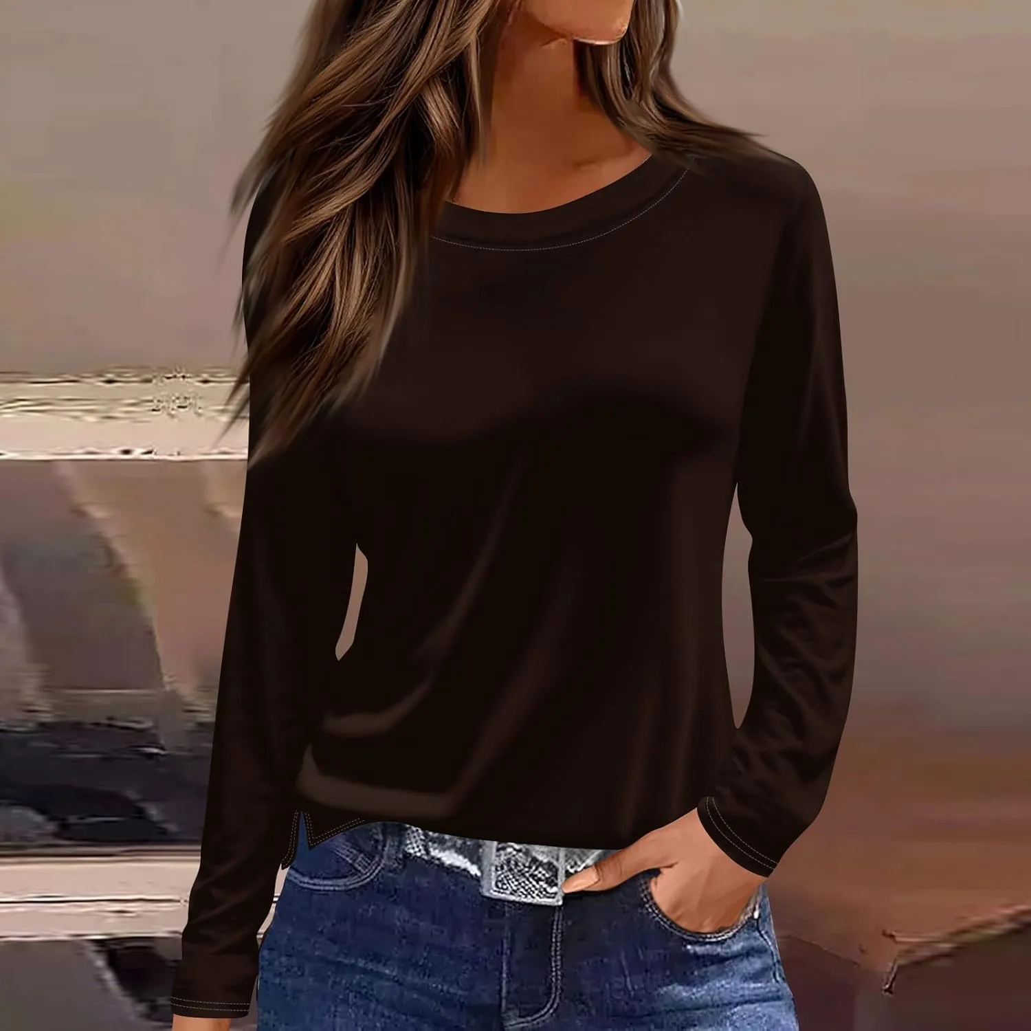 Women's Long Sleeve Tops 2024 Fall Dressy Casual Blouses Crewneck Oversized Tunic Shirts Striped