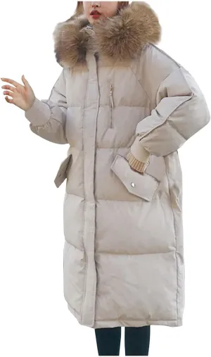 Women's Long Winter Faux Fur Hooded Coat Cotton Padded Puffer Warm Jacket Fashion Zip Down Quilted Outwear with Pockets