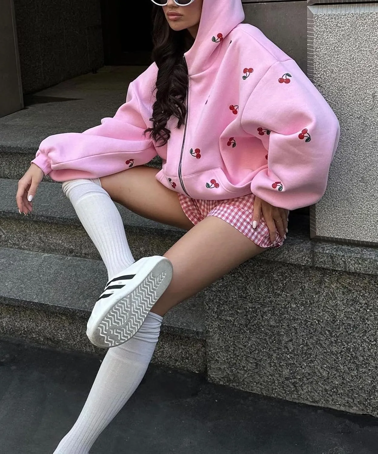 Women's Oversized Cherry Print Hoodies Casual Zipper Up Sweatshirts Batwing Sleeves Jackets With Pocket