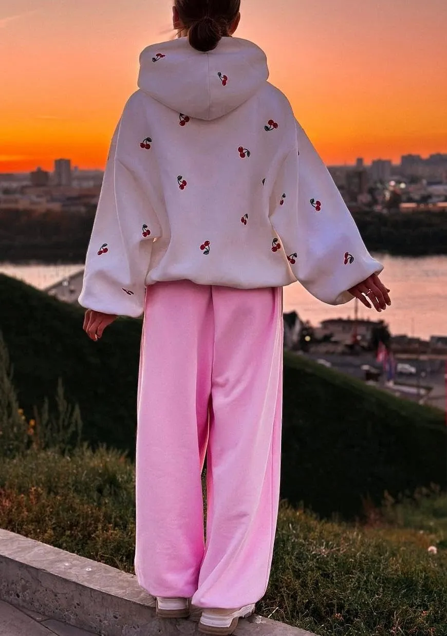 Women's Oversized Cherry Print Hoodies Casual Zipper Up Sweatshirts Batwing Sleeves Jackets With Pocket