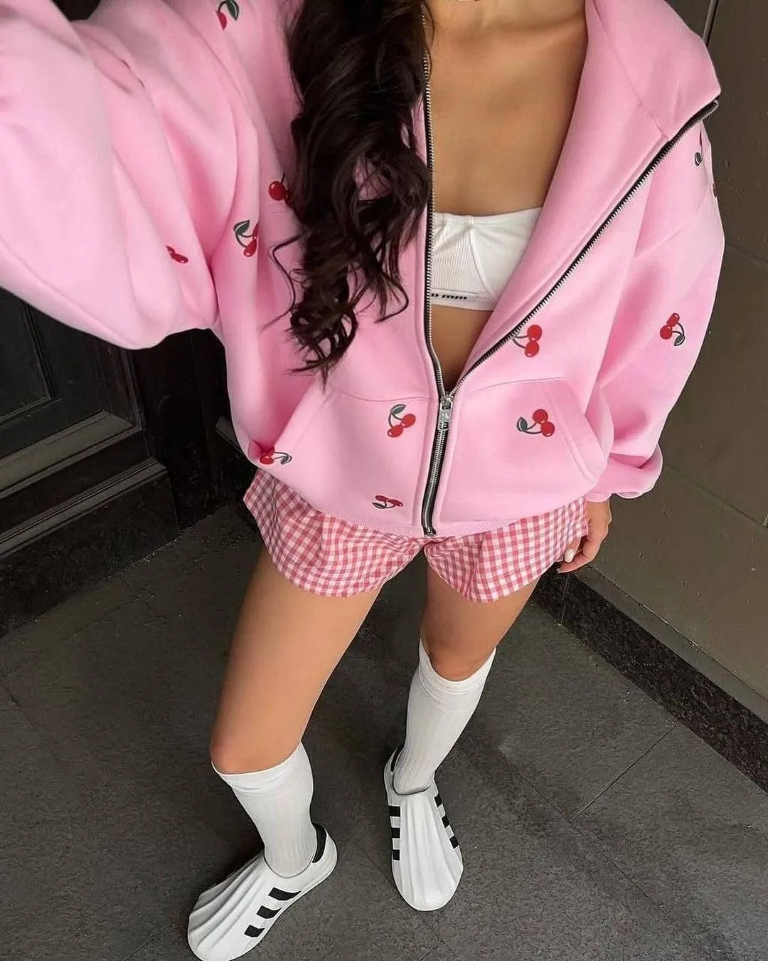 Women's Oversized Cherry Print Hoodies Casual Zipper Up Sweatshirts Batwing Sleeves Jackets With Pocket