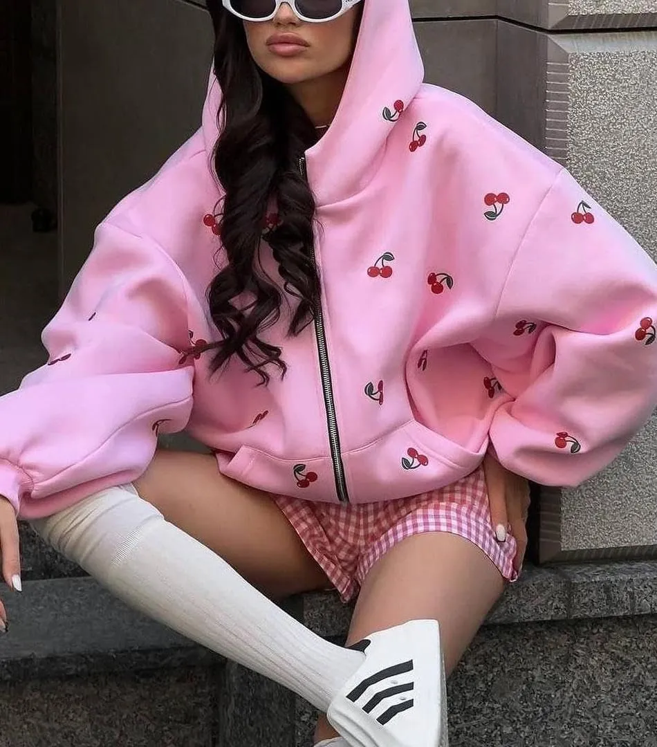 Women's Oversized Cherry Print Hoodies Casual Zipper Up Sweatshirts Batwing Sleeves Jackets With Pocket