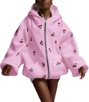 Women's Oversized Cherry Print Hoodies Casual Zipper Up Sweatshirts Batwing Sleeves Jackets With Pocket