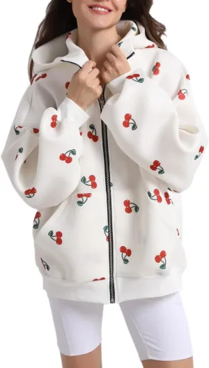 Women's Oversized Cherry Print Hoodies Casual Zipper Up Sweatshirts Batwing Sleeves Jackets With Pocket