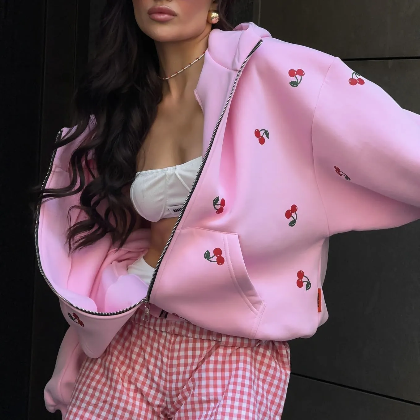 Women's Oversized Cherry Print Hoodies Casual Zipper Up Sweatshirts Batwing Sleeves Jackets With Pocket