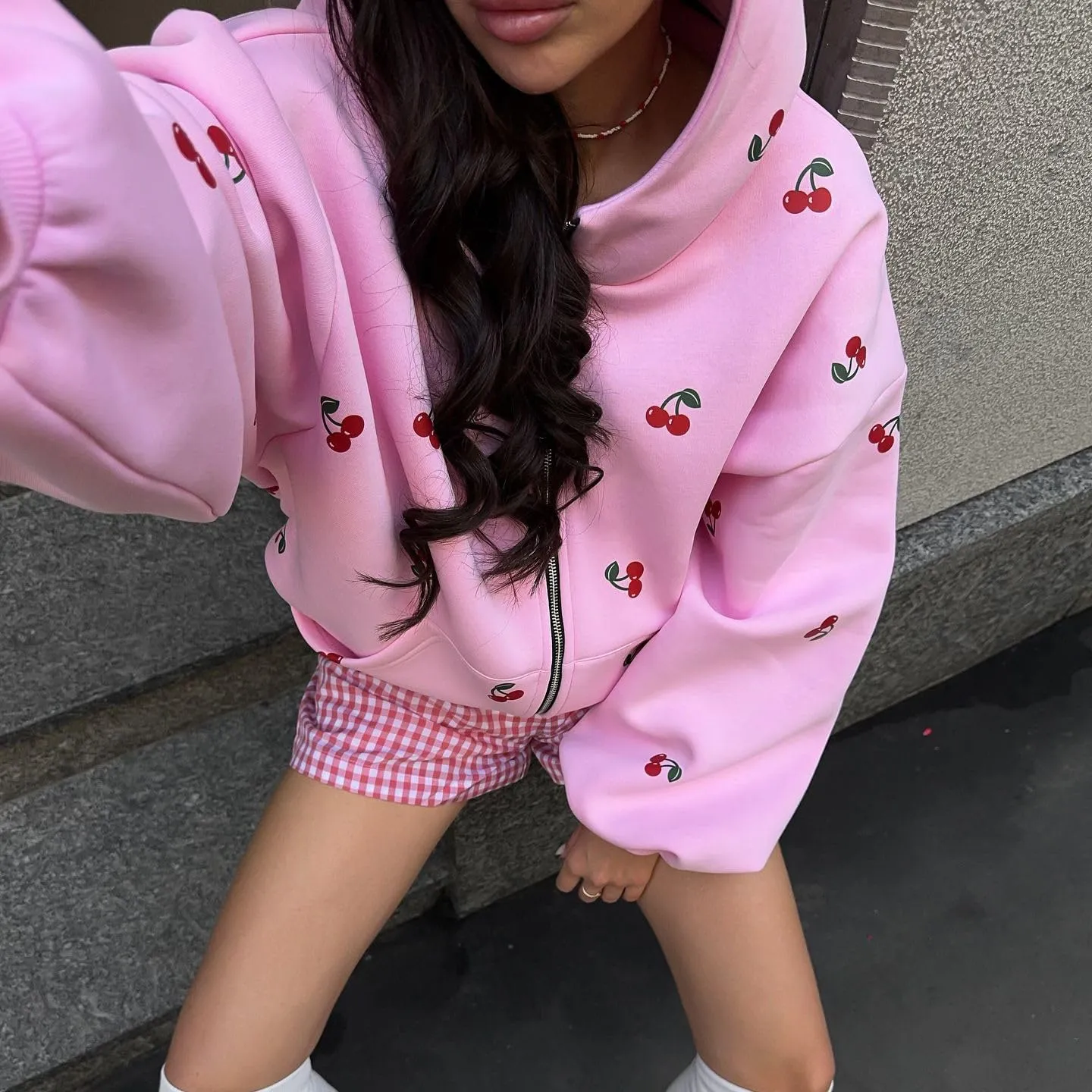 Women's Oversized Cherry Print Hoodies Casual Zipper Up Sweatshirts Batwing Sleeves Jackets With Pocket
