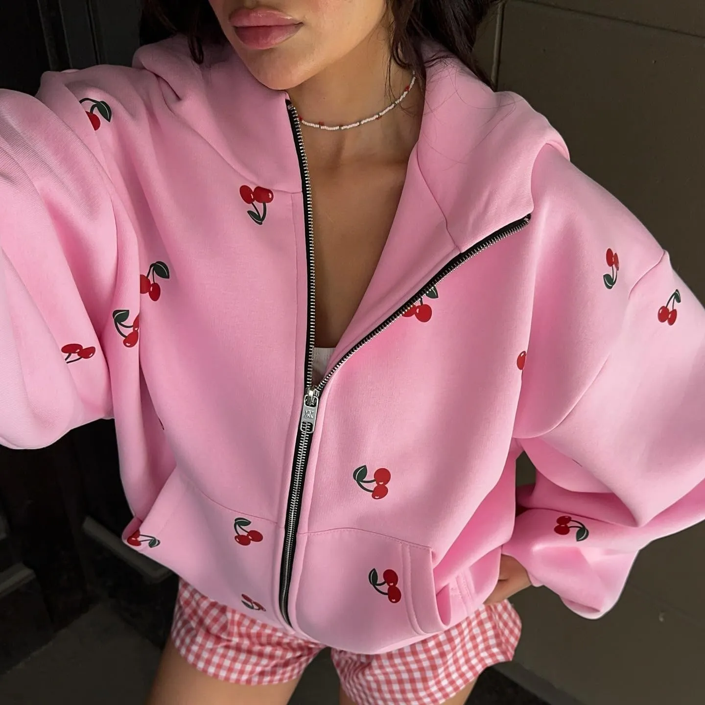 Women's Oversized Cherry Print Hoodies Casual Zipper Up Sweatshirts Batwing Sleeves Jackets With Pocket