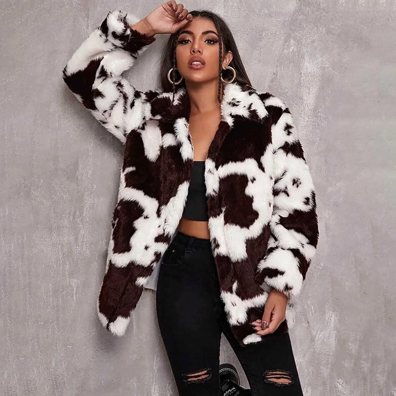Women's Oversized Faux Fur Jackets Cow Print Lapel Open Front Fuzzy Cardigan Fashion Colorblock Overcoat Outerwear