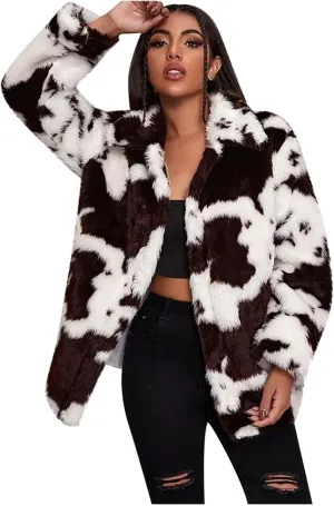 Women's Oversized Faux Fur Jackets Cow Print Lapel Open Front Fuzzy Cardigan Fashion Colorblock Overcoat Outerwear