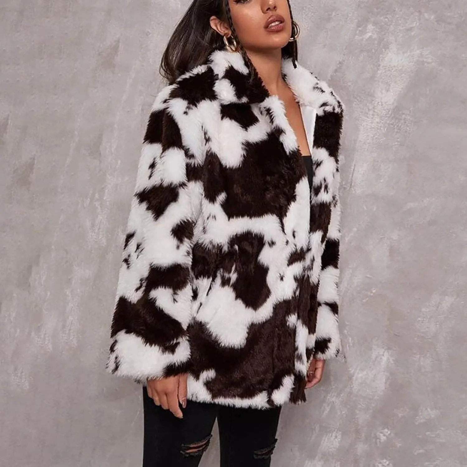 Women's Oversized Faux Fur Jackets Cow Print Lapel Open Front Fuzzy Cardigan Fashion Colorblock Overcoat Outerwear