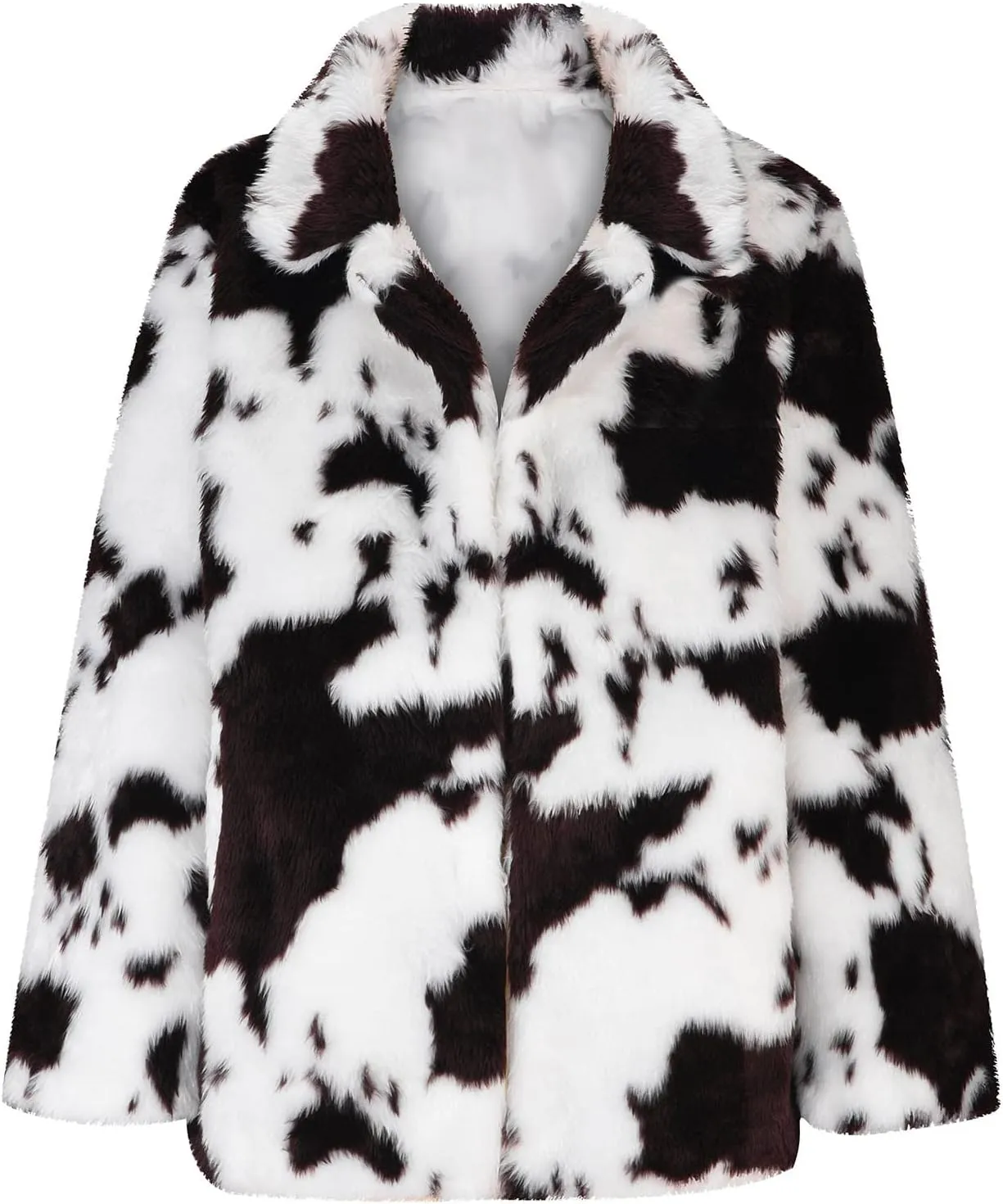 Women's Oversized Faux Fur Jackets Cow Print Lapel Open Front Fuzzy Cardigan Fashion Colorblock Overcoat Outerwear