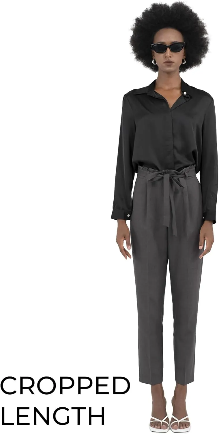 Womens Pants Straight Leg Trousers Cropped High Rise Tie Waist Elastic Slim Fit Work Slacks Office Casual Summer Fall
