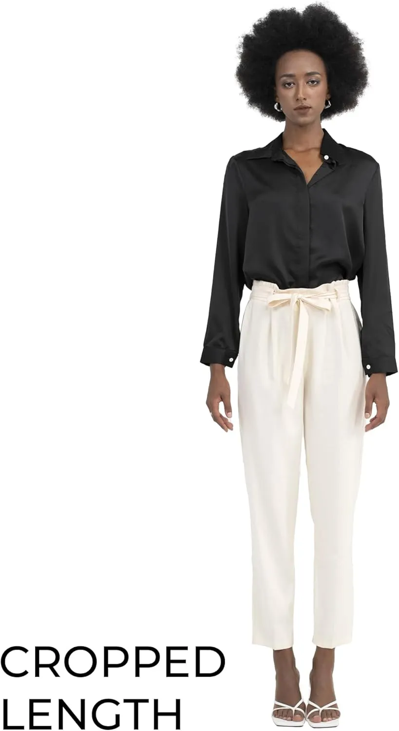 Womens Pants Straight Leg Trousers Cropped High Rise Tie Waist Elastic Slim Fit Work Slacks Office Casual Summer Fall