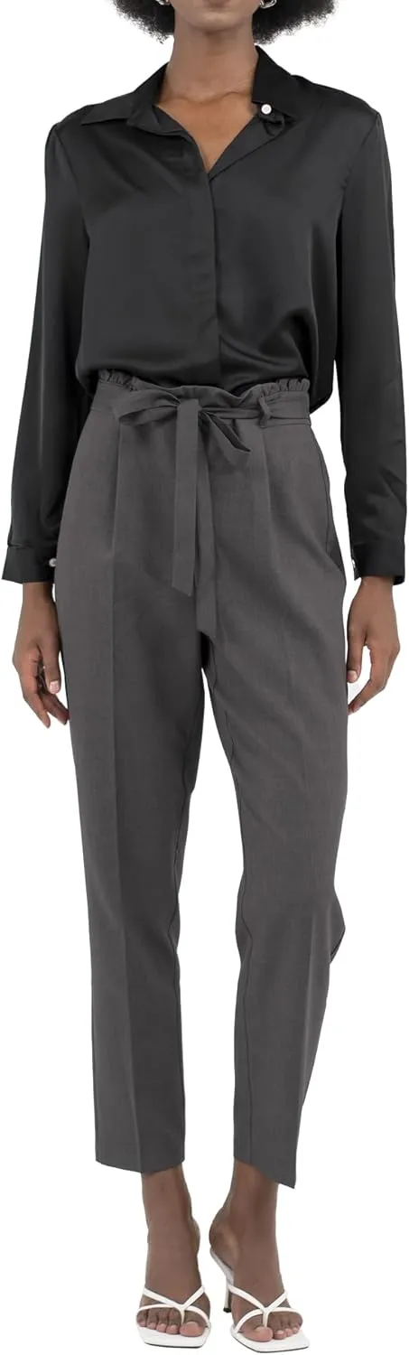 Womens Pants Straight Leg Trousers Cropped High Rise Tie Waist Elastic Slim Fit Work Slacks Office Casual Summer Fall